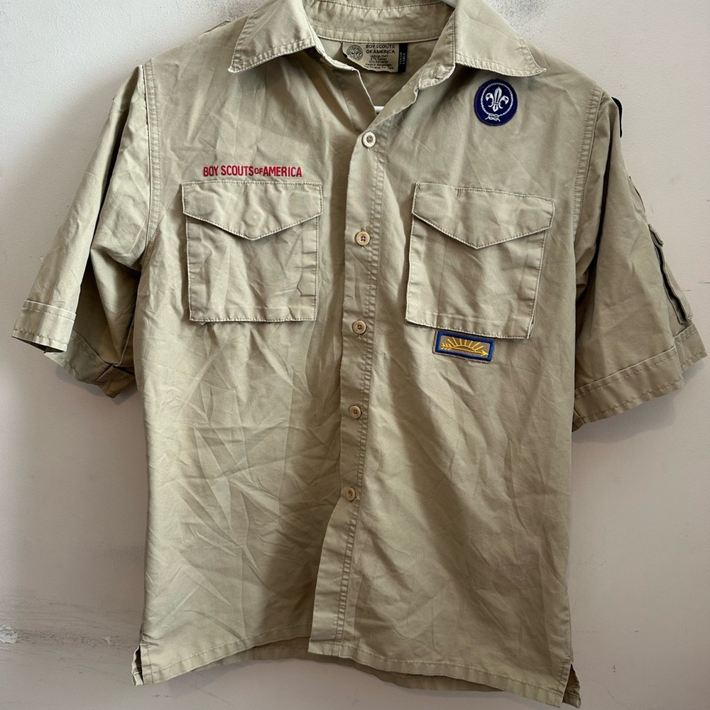 Boy Scouts of America Khaki Shirt Youth Size Large With Patches